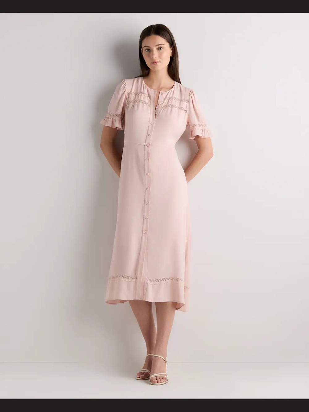 NWT Quince blush lightweight Crepe lace insert Midi Dress Medium Beth Dutton